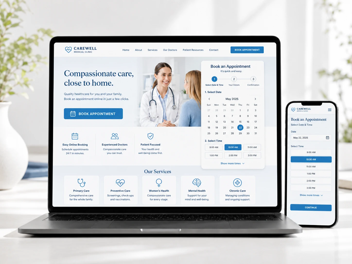 Website ιατρείου με online ημερολόγιο ραντεβού σε laptop και κινητό